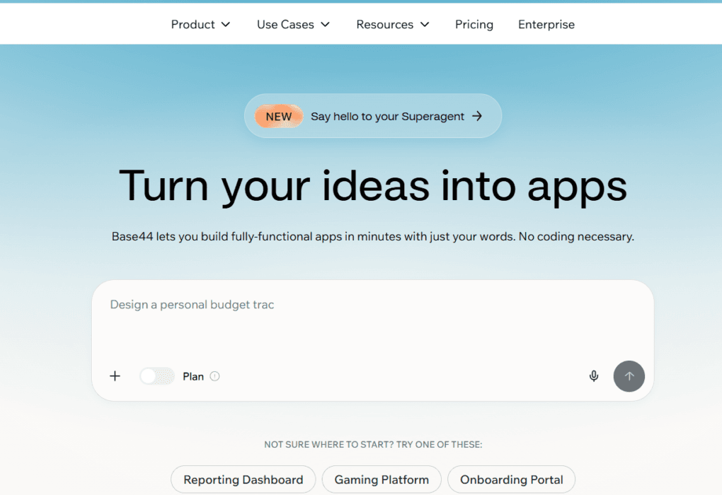 Base44 2026 dashboard showing the conversational AI builder generating a full-stack web application with integrated database and authentication.