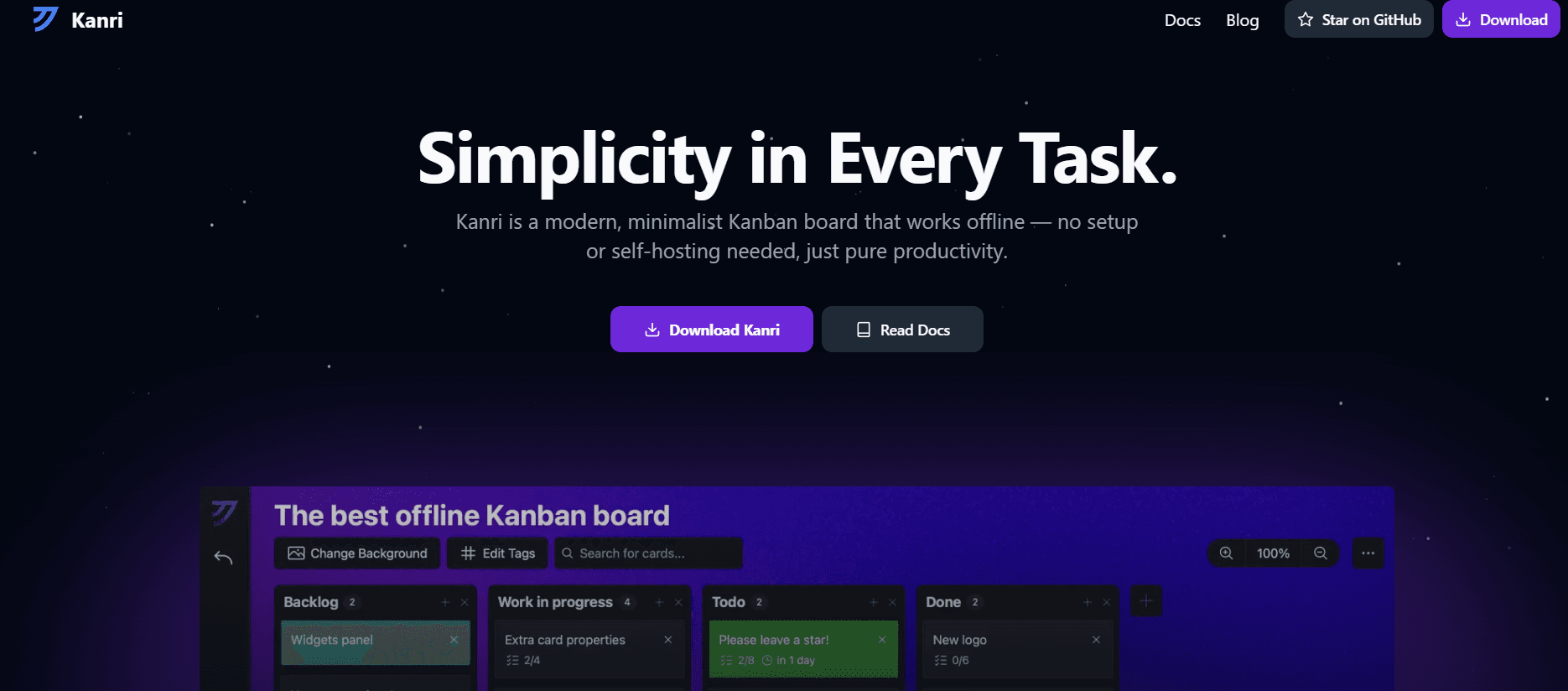 Milioudis Tech - Kanri offline Kanban board interface and personal task management tools.