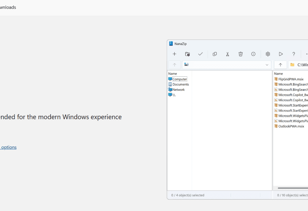 Milioudis Tech - NanaZip 2026 interface review on Windows 11 with Dark Mode and Mica effects enabled.