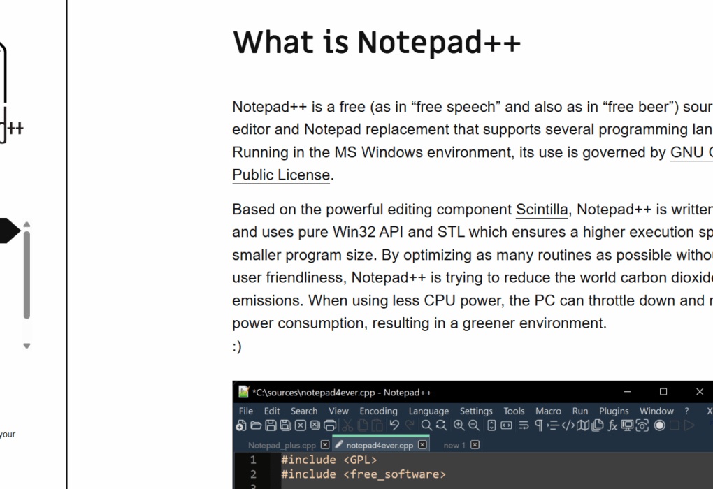 Milioudis Tech - Notepad++ interface and open-source source code editor tools analysis.