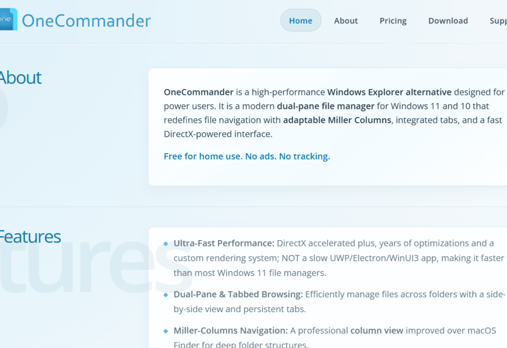 Milioudis Tech - OneCommander 2026 interface review showing dual-pane layout, Miller columns, and Mica transparency effects.