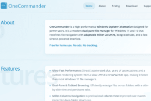 Milioudis Tech - OneCommander 2026 interface review showing dual-pane layout, Miller columns, and Mica transparency effects.