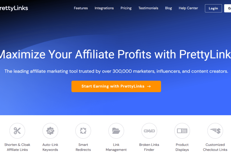 Pretty Links 2026 dashboard review showing the link health status, click tracking graphs, and automated keyword replacement settings.