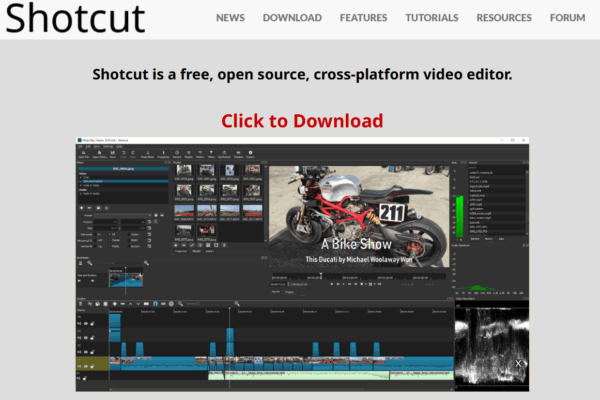 Milioudis Tech - Shotcut video editor interface and open-source timeline features.