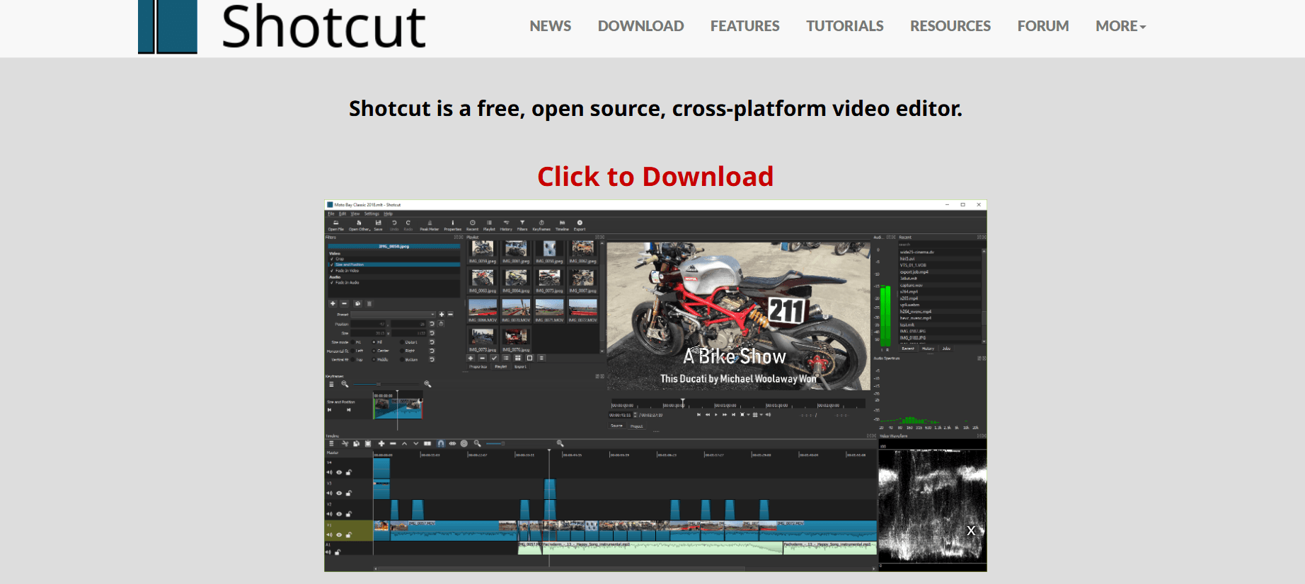 Milioudis Tech - Shotcut video editor interface and open-source timeline features.