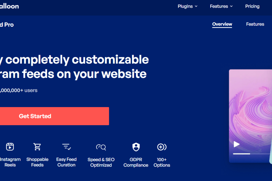 Smash Balloon 2026 dashboard review showing the visual feed builder, Instagram Reels integration settings, and AI moderation controls.