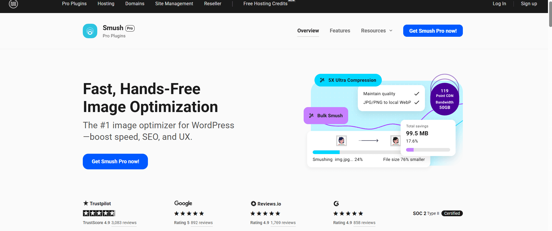 Milioudis Tech - Smush 2026 dashboard review showing the AI WebP conversion settings, Bulk Smush progress, and total storage savings.