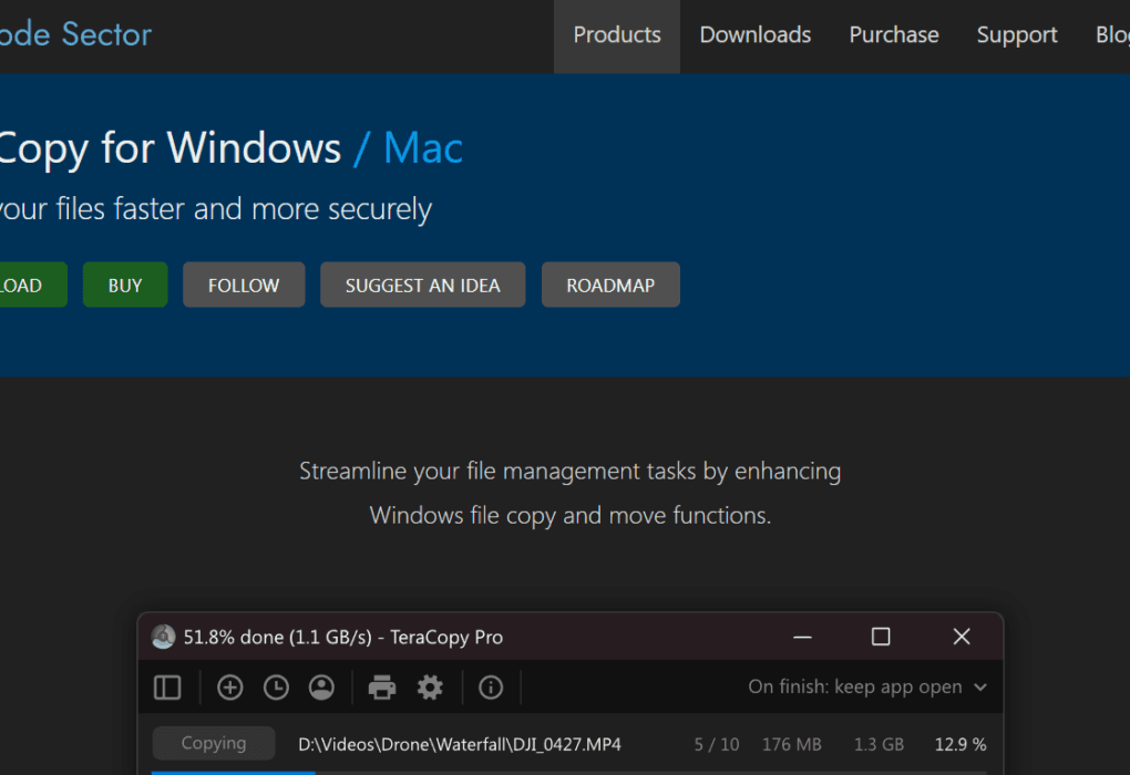 Milioudis Tech - TeraCopy 4.0 interface review on Windows 11 showing speed graphs, file verification, and checksum settings.