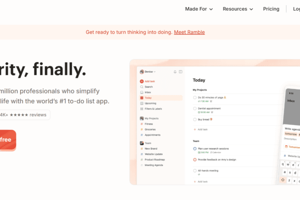 Milioudis Tech - Todoist 2026 interface review showcasing AI task assistant and project filters.