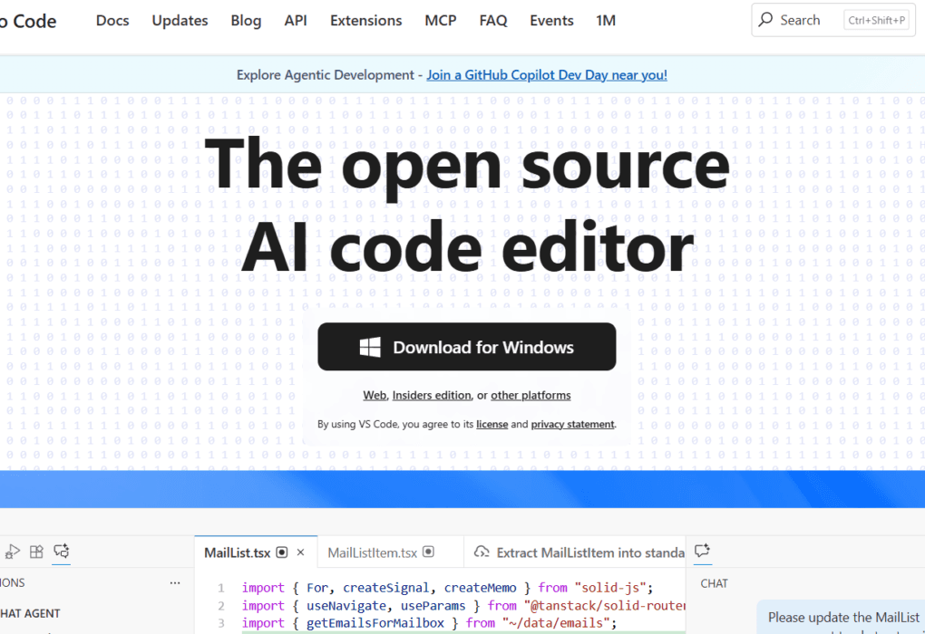 Milioudis Tech - Visual Studio Code interface with advanced AI coding features and extensions.
