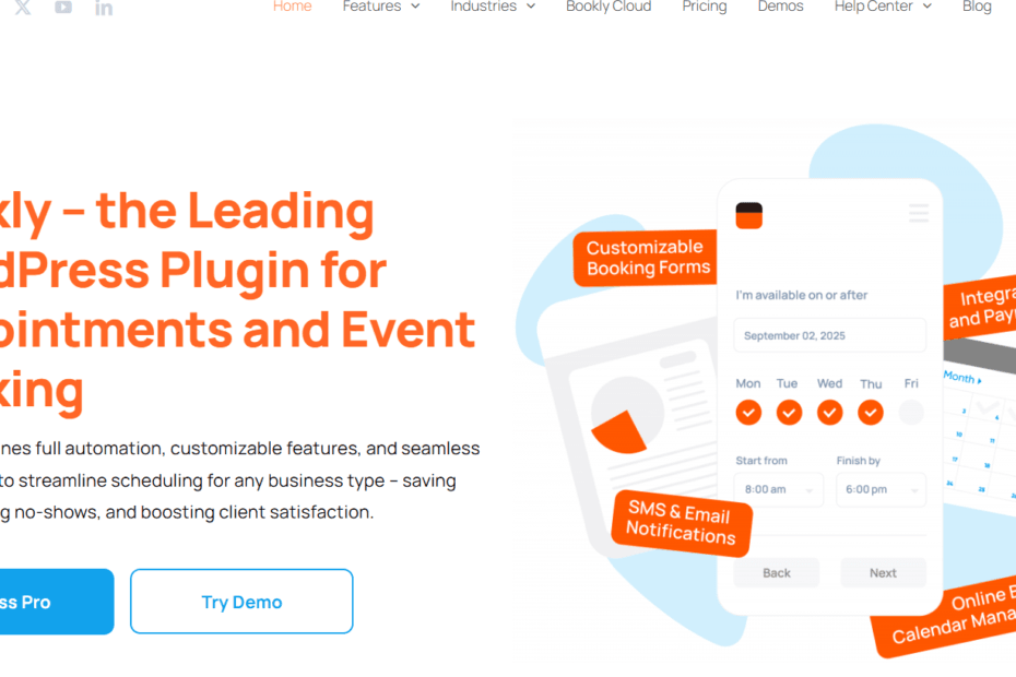 The Bookly Pro 2026 administrative dashboard showing a synchronized Google Calendar, custom technical service categories, and the automated SMS notification panel for Milioudis Technology.