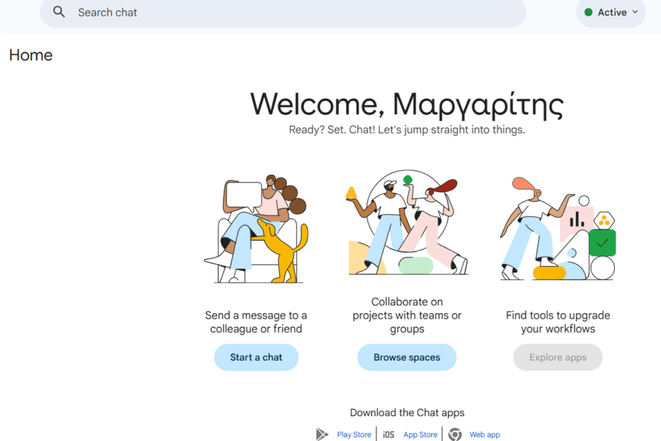A clean and professional screenshot of the Google Chat interface within a web browser, showing organized 'Spaces' for team projects, threaded conversations, and a Google Doc being edited side-by-side with the chat window.