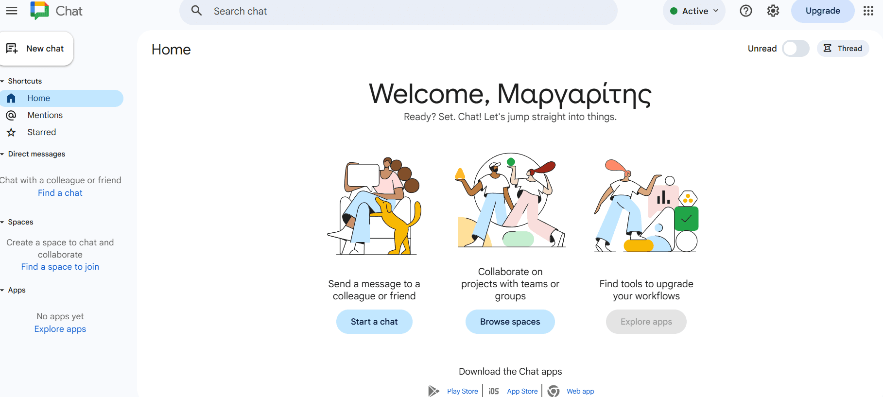 A clean and professional screenshot of the Google Chat interface within a web browser, showing organized 'Spaces' for team projects, threaded conversations, and a Google Doc being edited side-by-side with the chat window.