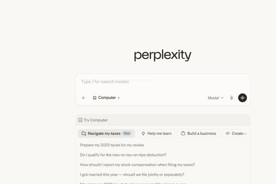 The Perplexity AI 2026 dashboard showing a technical search query about software architecture with real-time citations and the model-switching menu enabled for Milioudis Tech.