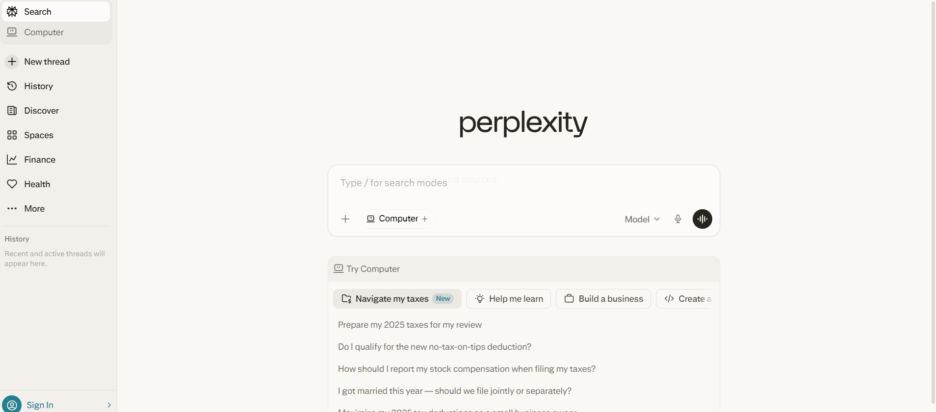 The Perplexity AI 2026 dashboard showing a technical search query about software architecture with real-time citations and the model-switching menu enabled for Milioudis Tech.