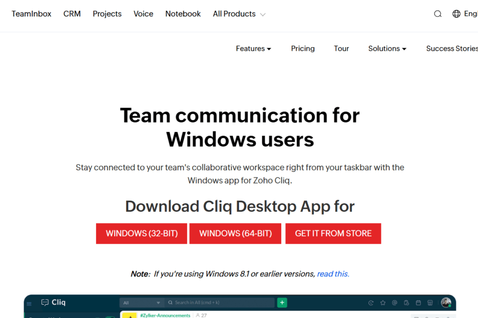 A high-resolution screenshot of the Zoho Cliq desktop interface, showcasing its unique multi-column layout with various team channels, direct messages, and an integrated sidebar for task management.