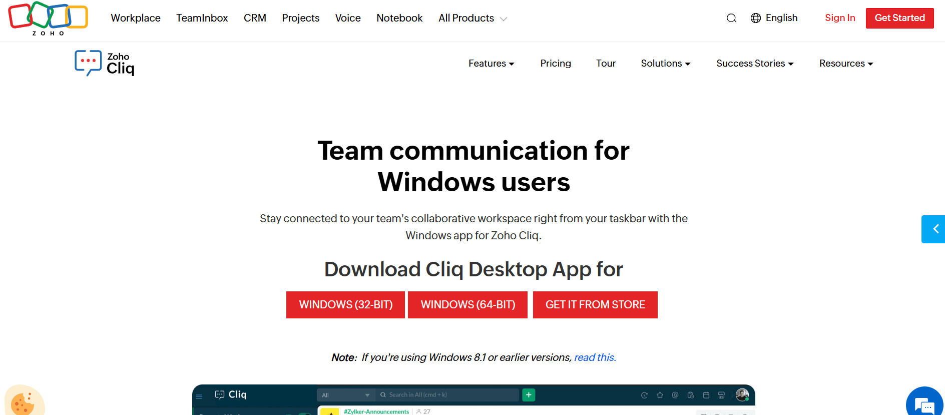 A high-resolution screenshot of the Zoho Cliq desktop interface, showcasing its unique multi-column layout with various team channels, direct messages, and an integrated sidebar for task management.