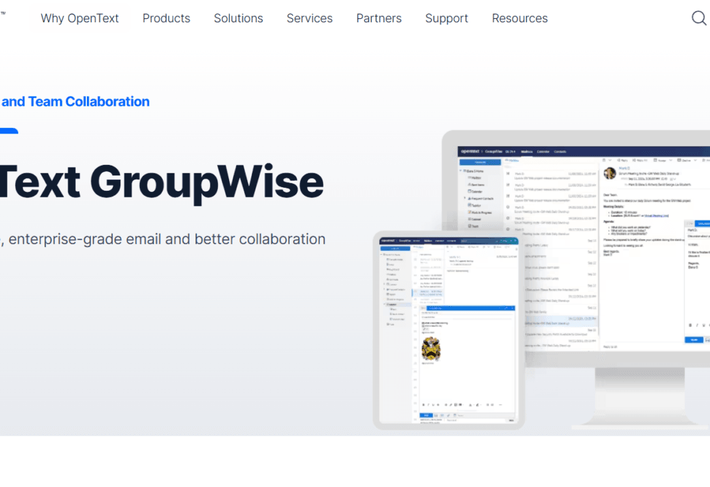 A clean screenshot of the OpenText GroupWise desktop client, displaying a structured cabinet folder hierarchy on the left, a detailed calendar scheduler in the center, and a secure corporate email inbox on the right.