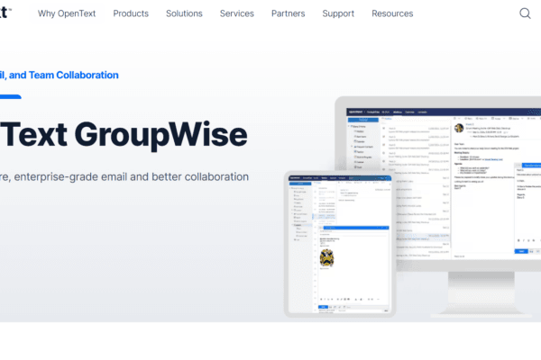 A clean screenshot of the OpenText GroupWise desktop client, displaying a structured cabinet folder hierarchy on the left, a detailed calendar scheduler in the center, and a secure corporate email inbox on the right.